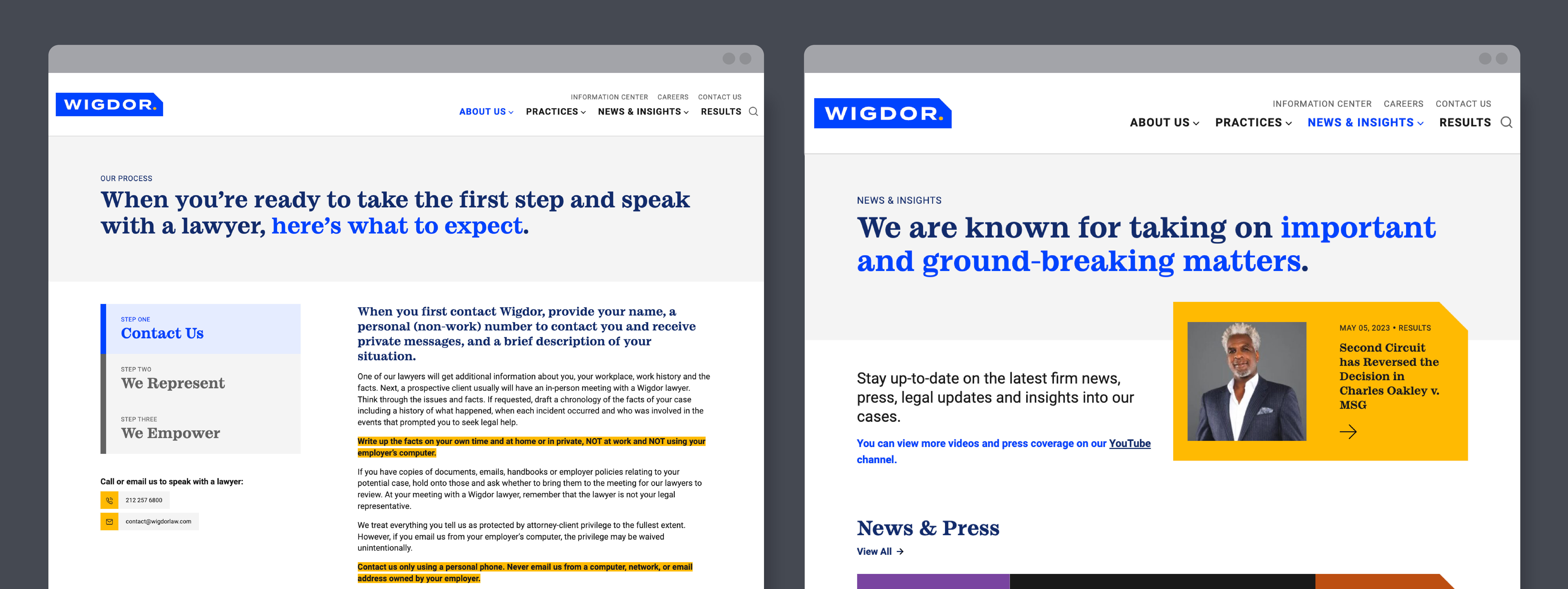 Wigdor website screenshots News and Insights pages