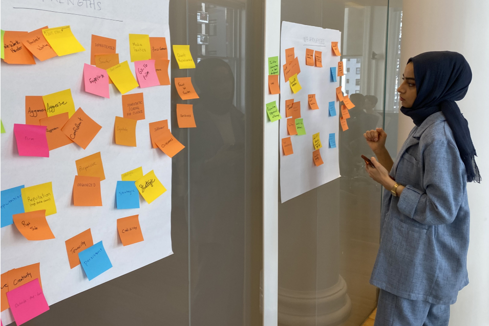 KDS employee whiteboarding with sticky notes.