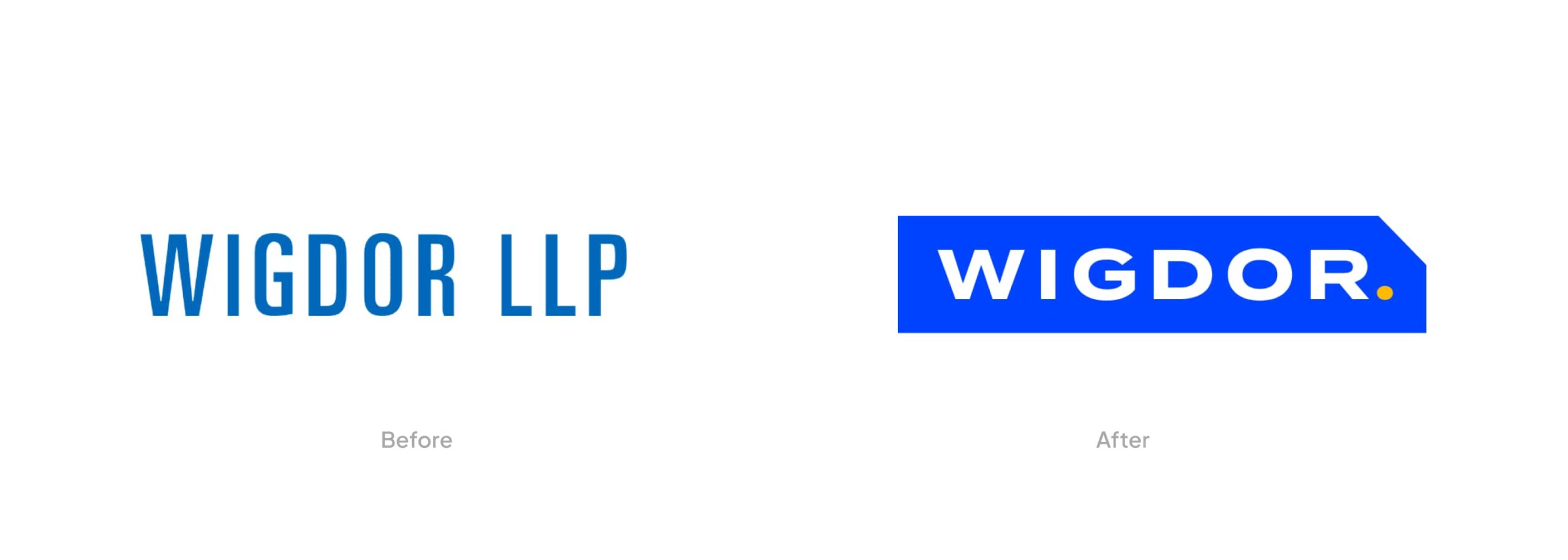 The "Before" on the left features the old Wigdor LLP with blue font. The "After" on the right features the new Wigdor logo with bold, wide, white text contained in a blue box with the top right corner of the box cut diagonally.