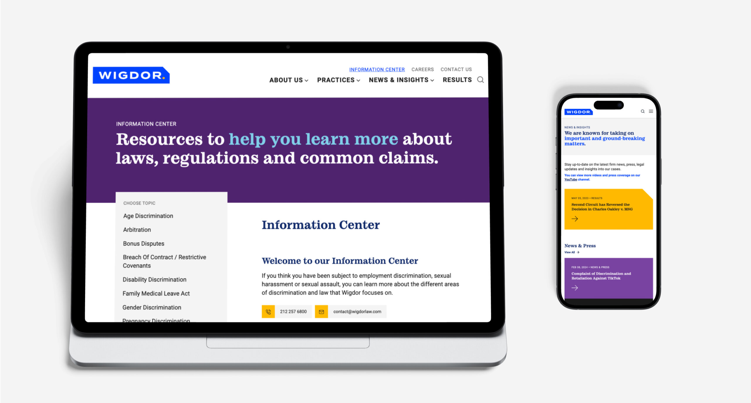Wigdor pages featured on a desktop screen on the left and a mobile screen on the right, showing bright colors and modern design.