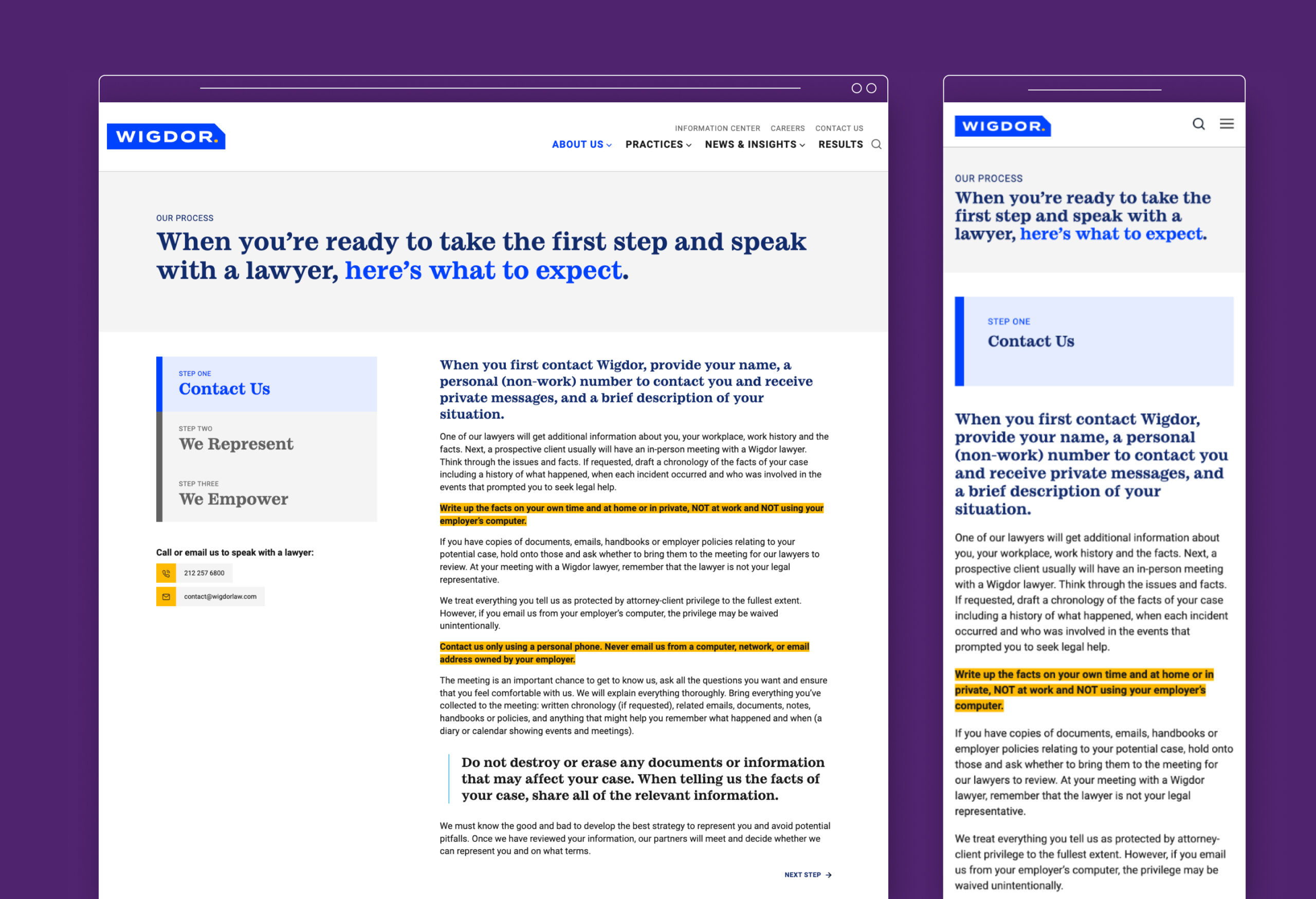Wigdor's "Our Process" page, featured on a desktop and mobile layout against a purple background.