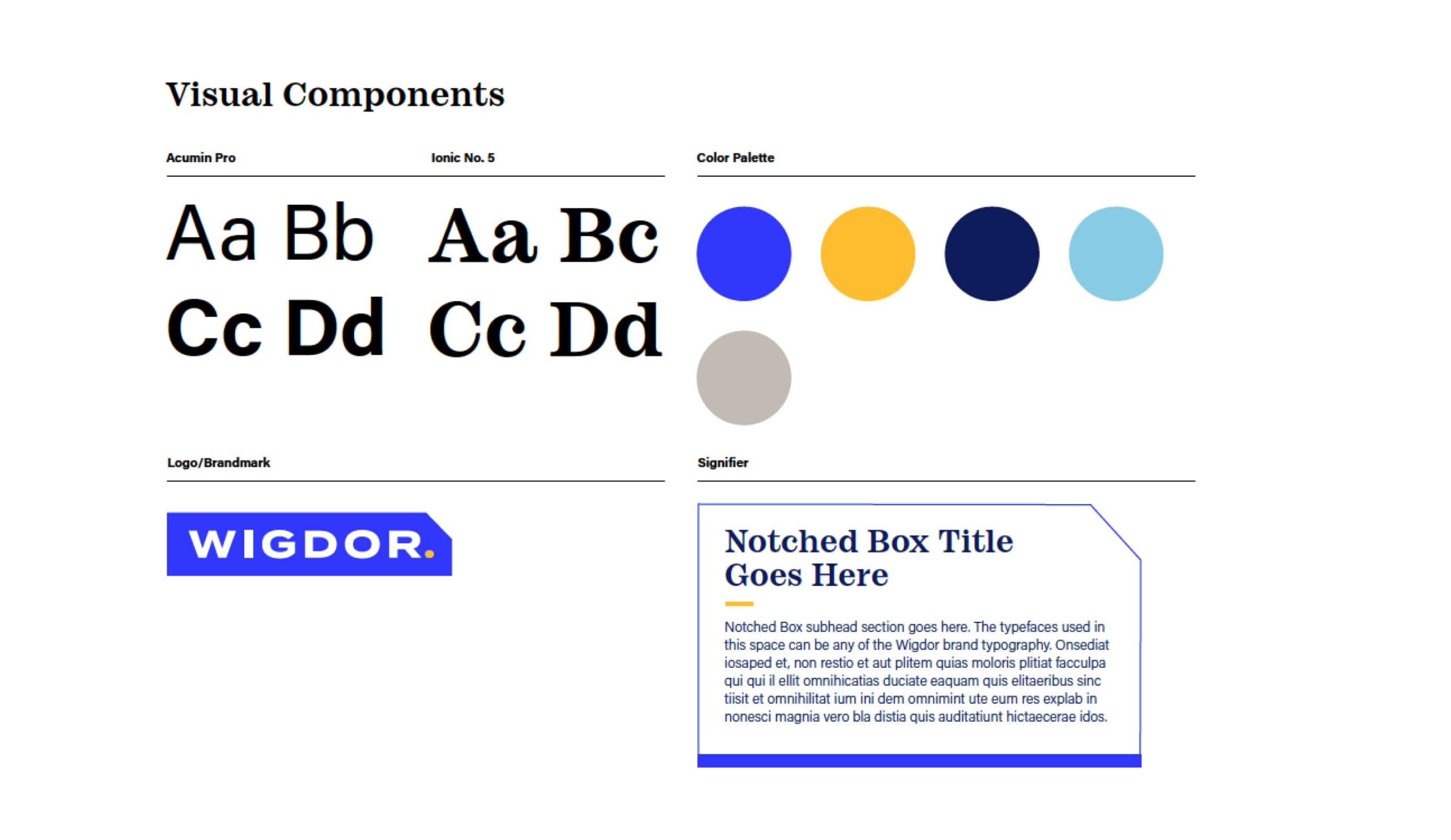 The Wigdor style guide, featuring type, color pallette, logo, and signifier.