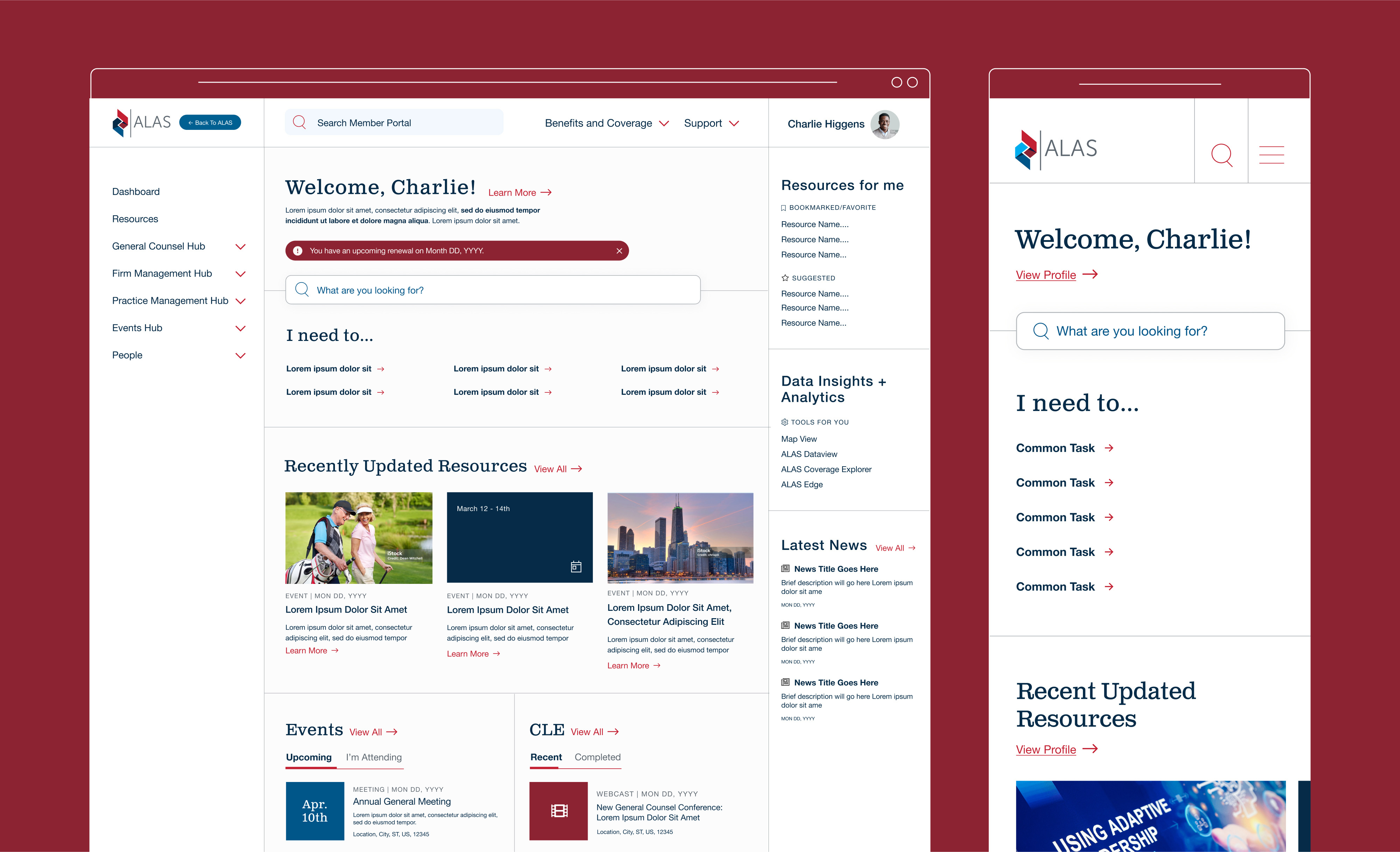 ALAS Member portal mobile and desktop screen of dashboard