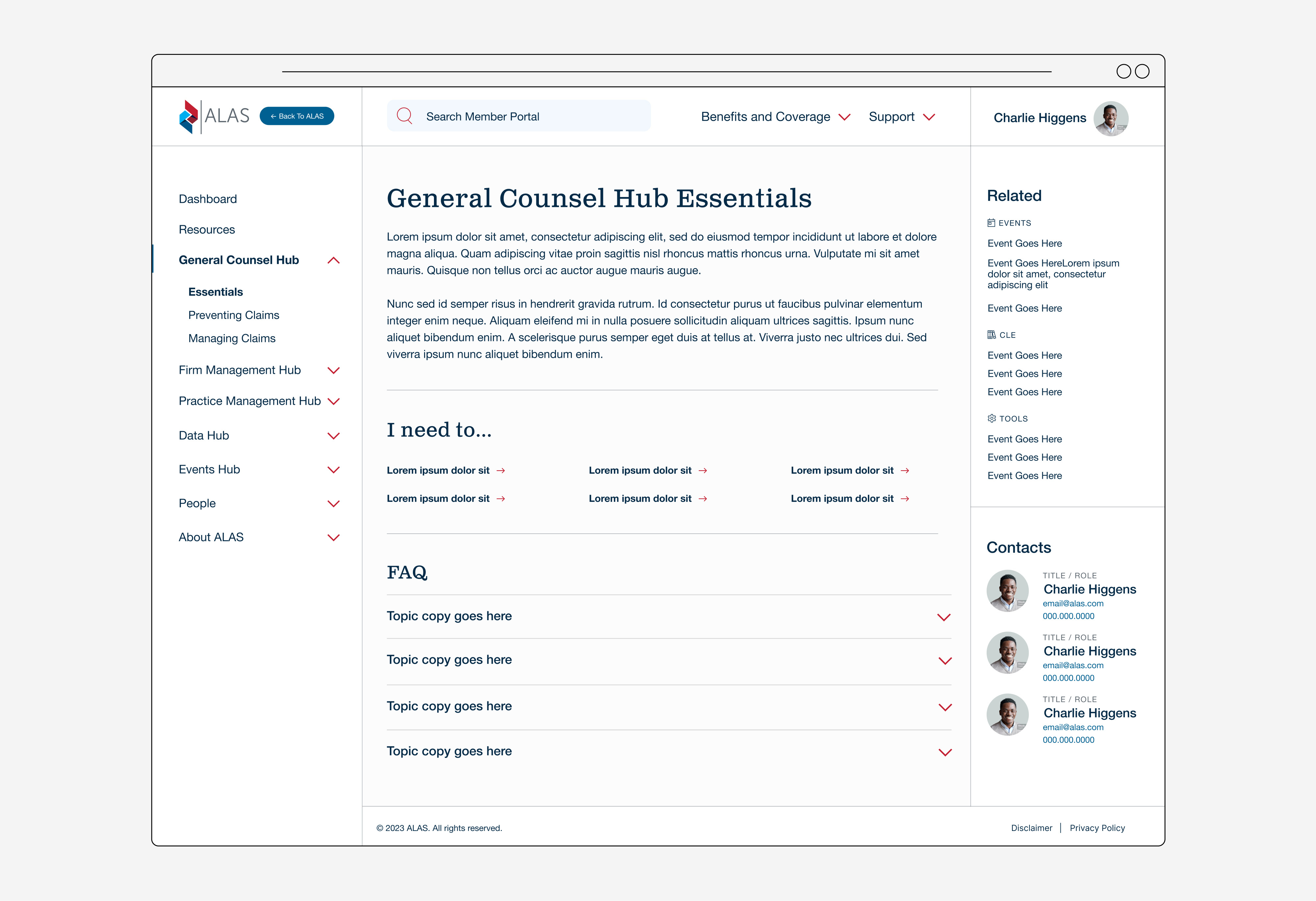 General Counsel Hub Screen from ALAS member portal