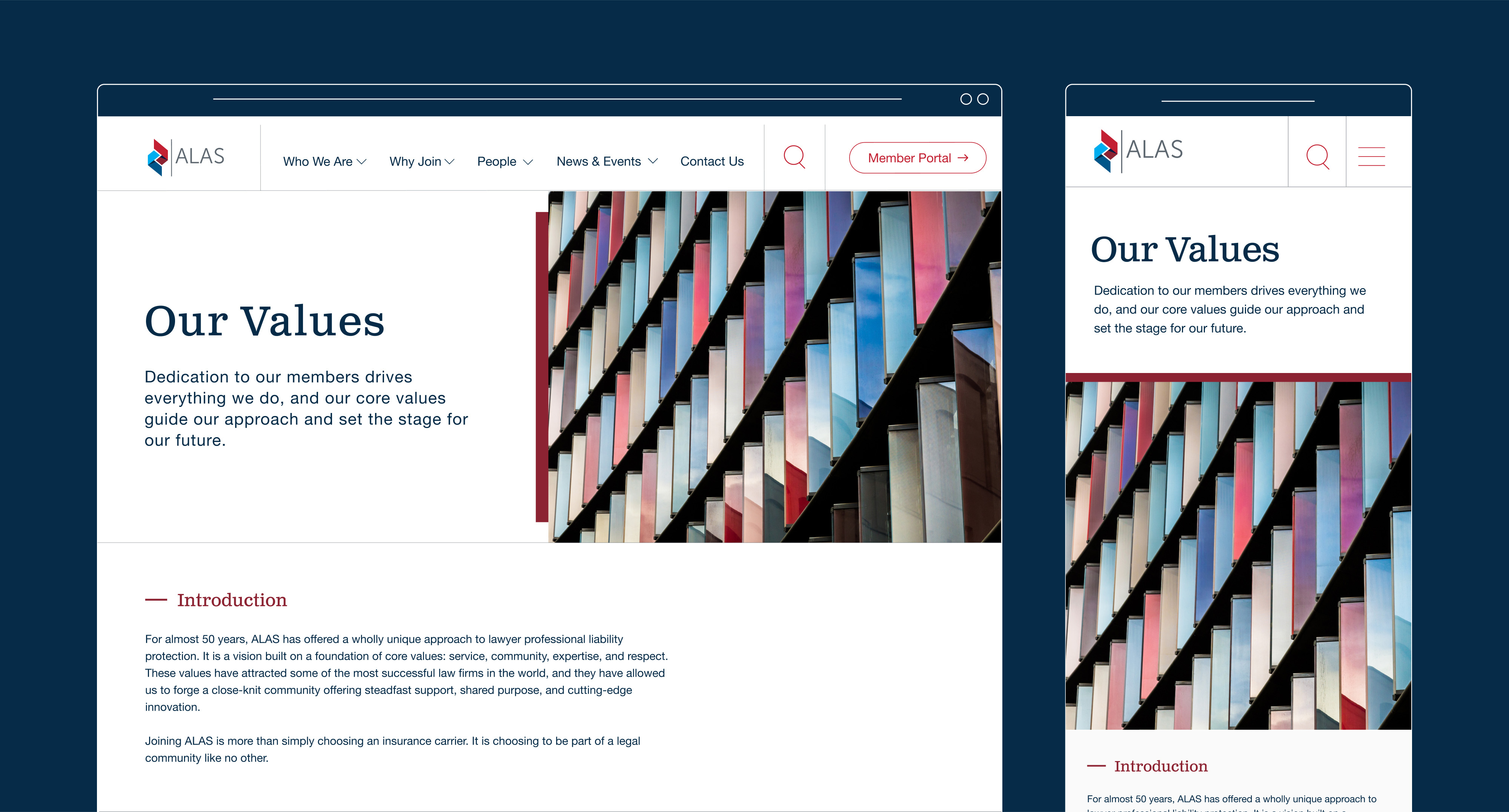 ALAS Our Values desktop and mobile page screens