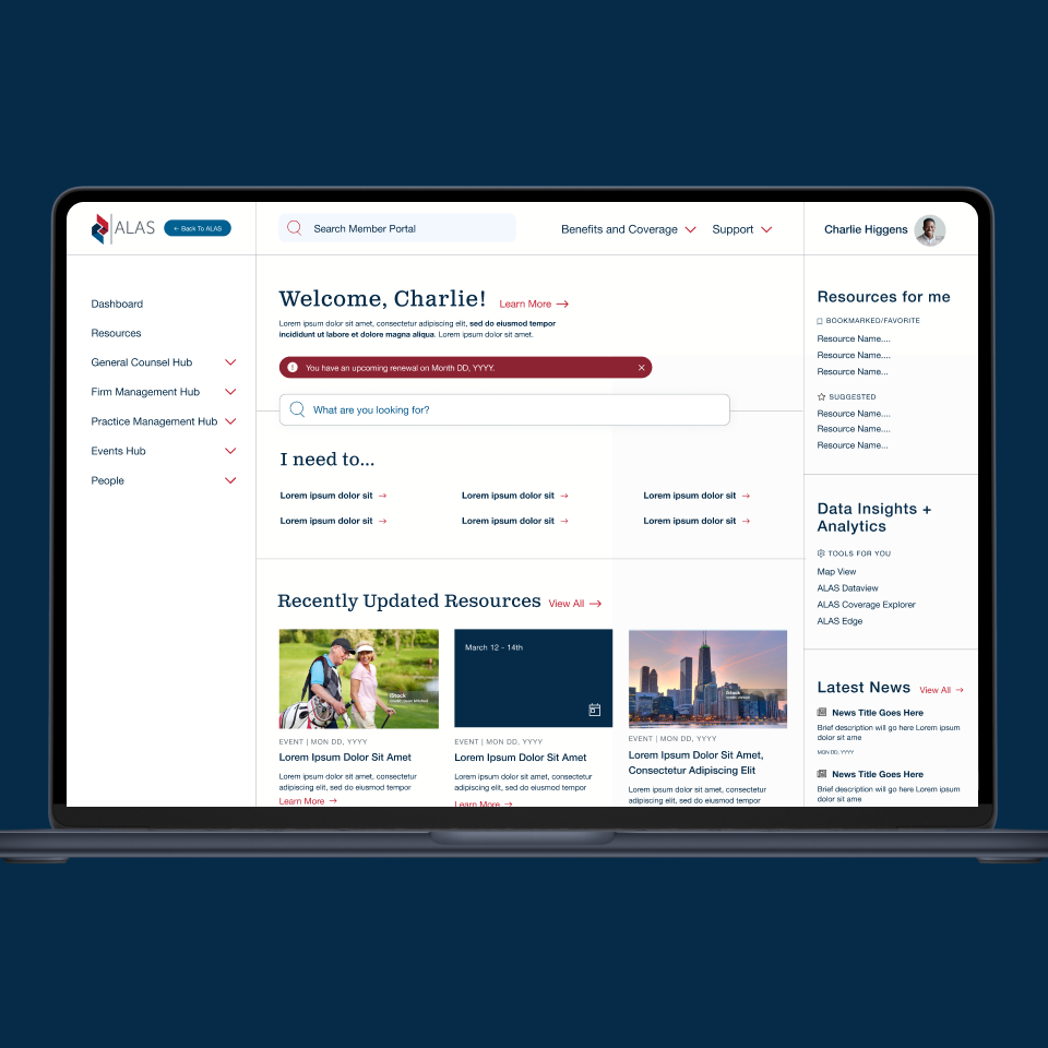 Homepage of the member portal