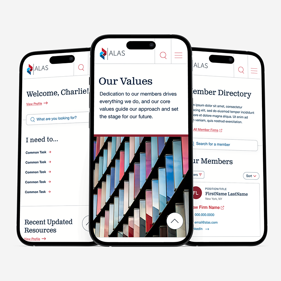 Three mobile screens sharing the ALAS member portal dashboard, our values, and member search