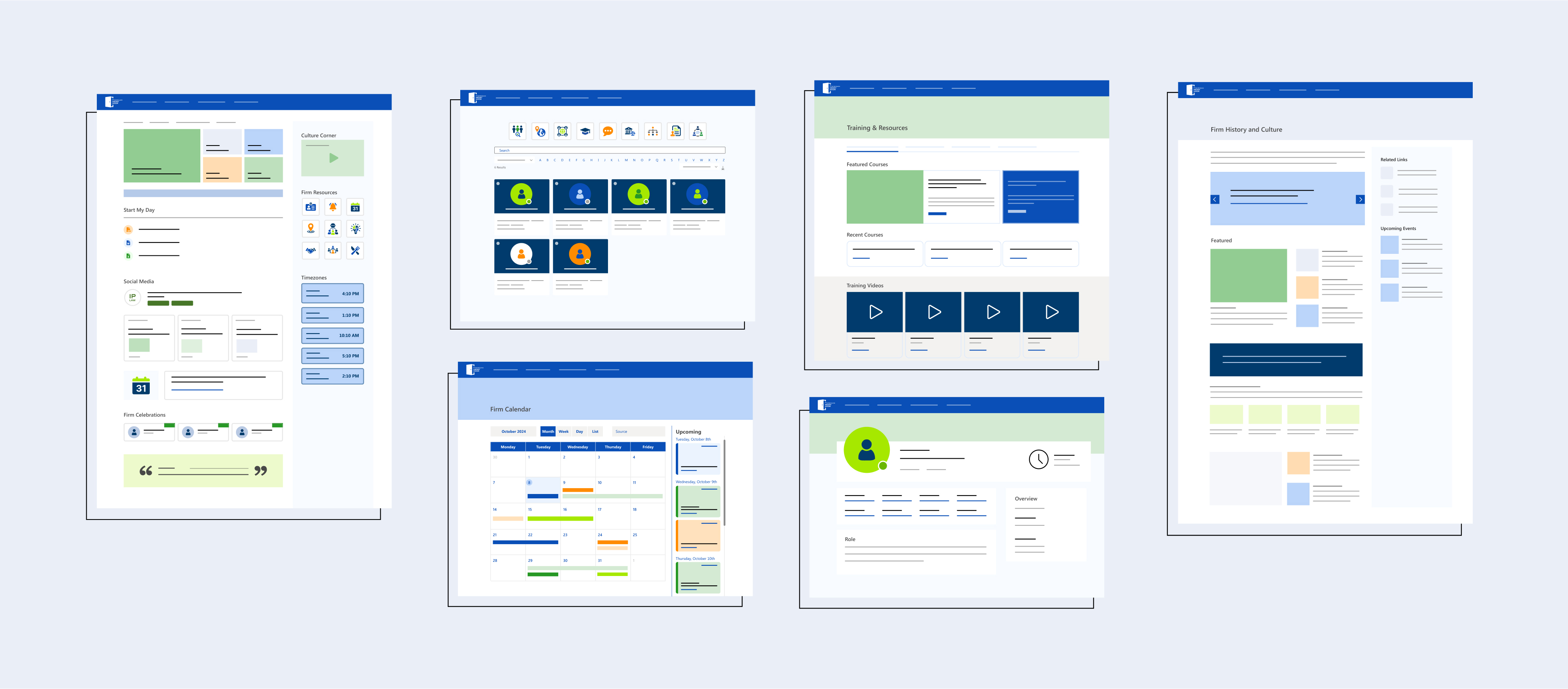 Intranet design wireframes of homepage, calendar, people directory, profile, training, and history pages.
