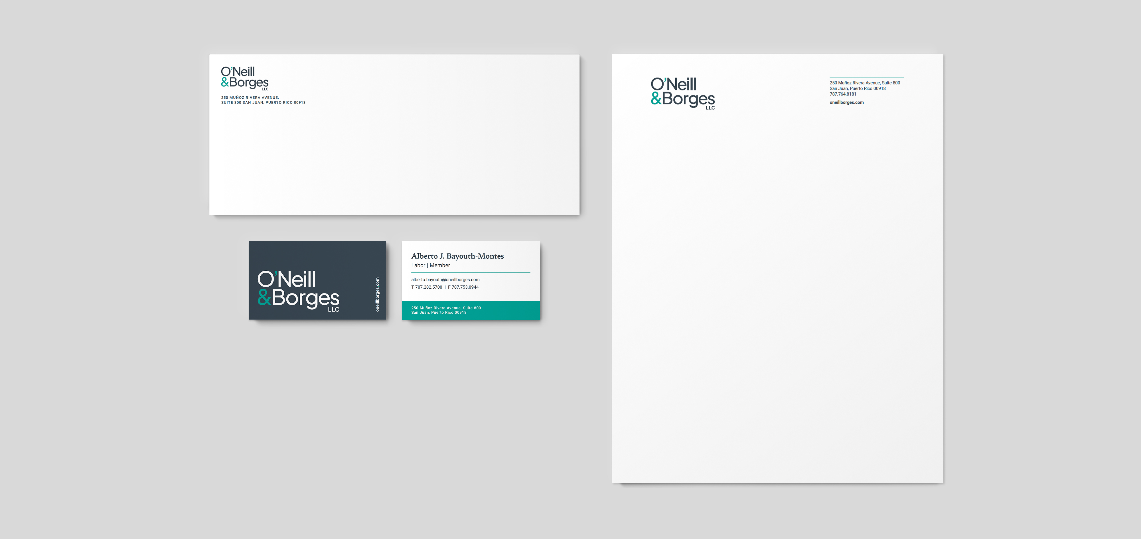 Stationary suite, including letterheads, business cards, and one sheet.